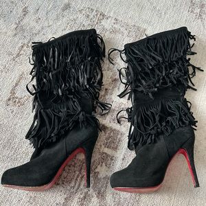 Christian Louboutin Black Suede Fringe Calf Length Boots Size 38